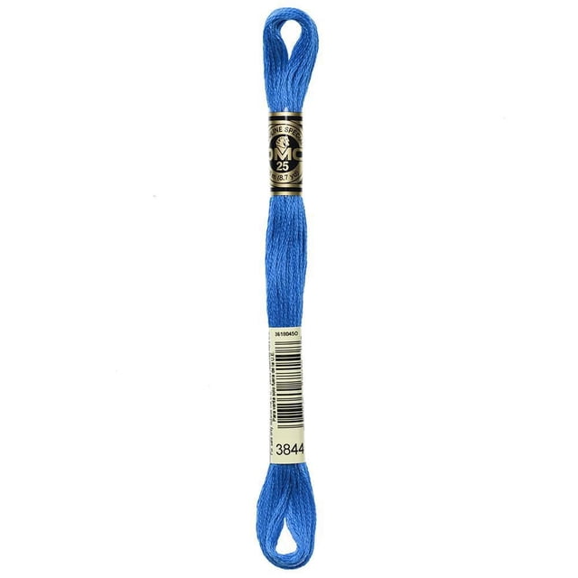 DMC Blue Cotton 6 Strand Floss 8m showing a single skein of bright blue embroidery floss made from 100% long staple Egyptian cotton with a double mercerized finish for colorfast sheen. The floss is looped and secured with two paper bands displaying the DMC brand and color number 3844. Suitable for cross-stitch, needlepoint, smocking, scrapbooking, and detailed embroidery.