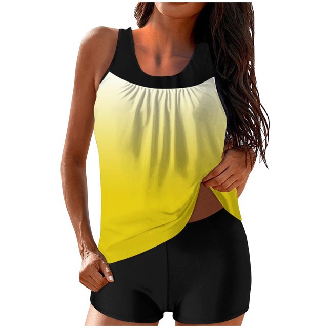 FAVIPT Tummy Control Athletic Swimwear for Women Two Piece Printed Modest Tank Top with Shorts Bathing Suits Yellow,M