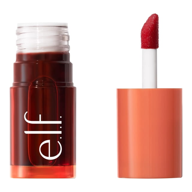 e.l.f. Cosmetics Sheer For It Blush Tint in a transparent dark red cylindrical container with white logo, shown with coral-orange cap removed revealing an applicator wand with a red sponge tip, suitable for hydrating, buildable lip and cheek tint application