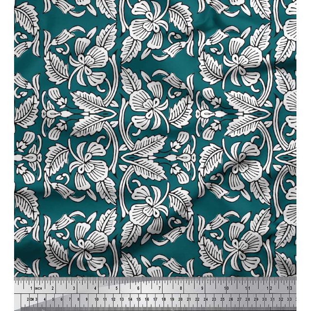 Soimoi Moss Georgette Fabric Leaves & Floral Block Print Sewing Fabric Yard 42 Inch Wide