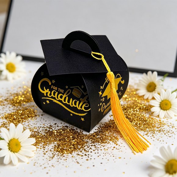 Boîtes de Bonbons de Collation des Grades en Papier Noir avec Pompon, Cadeaux de Fête, Boîtes à Friandises