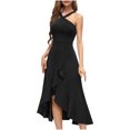 thumbnail image 1 of Robes de Cocktail Formelles pour Femmes Été Ourlet à Volants Invitée de Mariage Robes de Soirée Col Croisé Licou Asymétrique Robe de Fête Noire, G, 1 of 7