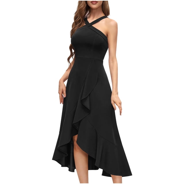 Robes de Cocktail Formelles pour Femmes Été Ourlet à Volants Invitée de Mariage Robes de Soirée Tour de Cou Croisé Asymétrique Robe de Fête en Noir, Taille G. Cette Robe Sans Manches Présente un Encolure Tour de Cou Croisée, un Corsage Ajusté et un Ourlet Asymétrique avec Détails à Volants. Idéale pour les Mariages, les Cocktails et les Événements Formels, Elle Offre un Style Épuré et Élégant. la Robe Est Présentée sur un Modèle sur Fond Blanc.