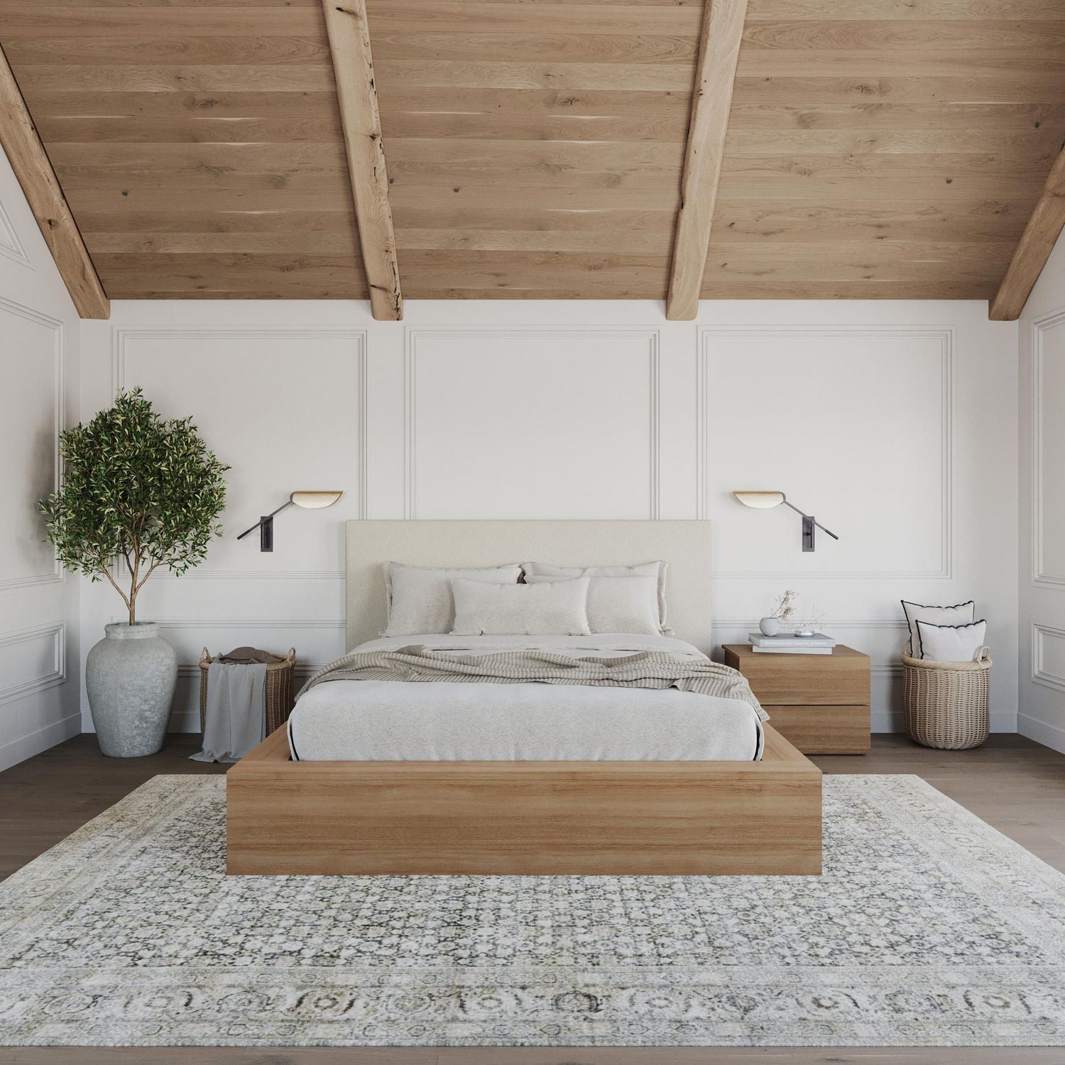 Ensemble de chambre à coucher Jane 3 pièces avec lit queen size, tête de lit rembourrée et table de chevet