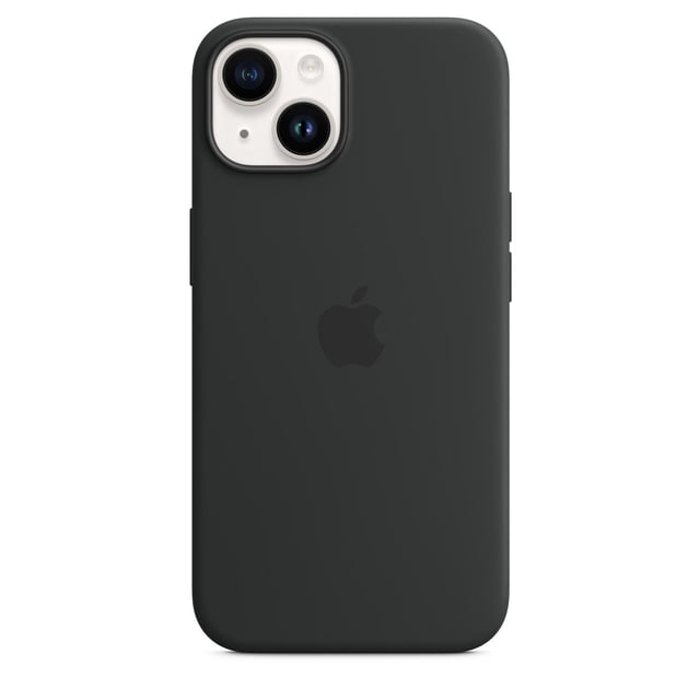 iPhone 14 Silicone Case with MagSafe in midnight, showing a centered rear view with a soft-touch matte silicone finish and embossed Apple logo, designed for iPhone 14 Pro Max with precise camera cutout and built-in magnets for seamless MagSafe wireless charging and accessory attachment.