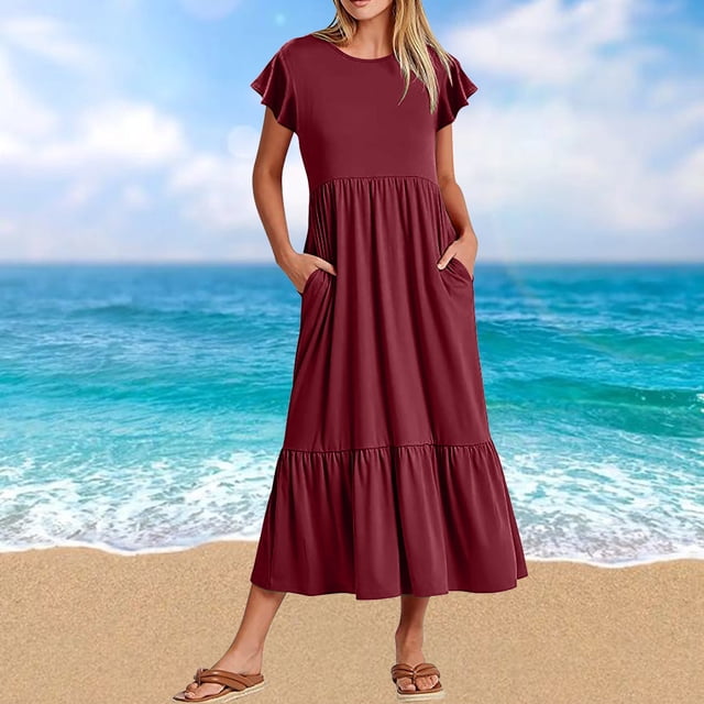 Robes d'Été Grande Taille pour Femmes 2024 Décontractées à Manches Courtes Col Ras du Cou Robe Décontractée Fluide à Étages Maxi de Plage avec Poches Économisez jusqu'à 65 % de Rabais!