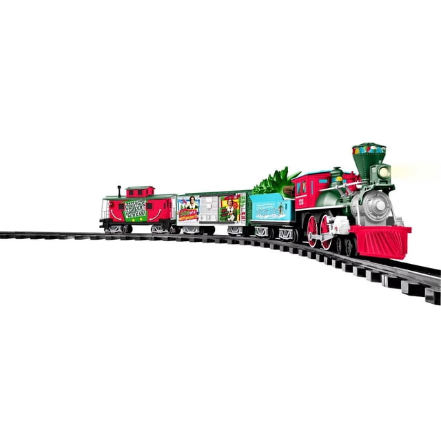 Lionel ELF Ensemble de Train Prêt à Jouer avec une locomotive de Style Général Verte et Rouge à Pile avec un Phare Fonctionnel et des Lumières Festives sur la Cheminée, Tirant Trois Voitures Décorées de Scènes et de Citations du Film the ELF, Fonctionnant sur une Voie Incurvée en Plastique Noir de 50 Pouces.