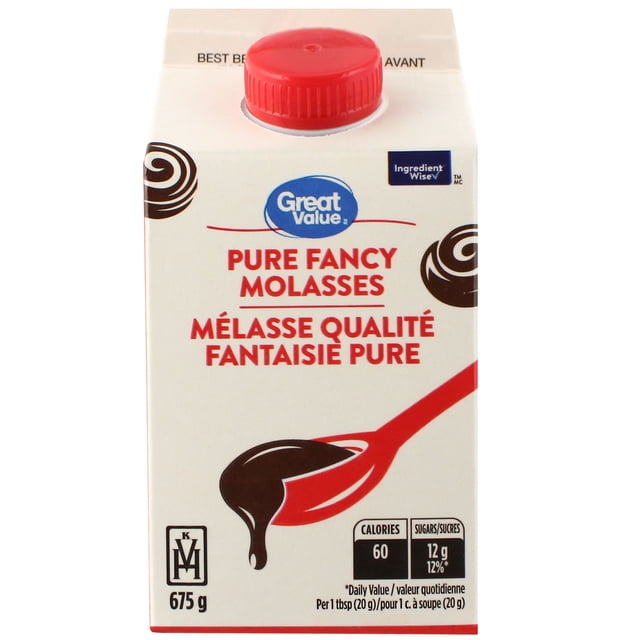 Great Value Pure Fancy Molasses carton with red screw cap, featuring a red spoon pouring dark molasses, bilingual English and French labeling, 675 g weight, nutrition facts showing 60 calories and 12 g sugars per tablespoon, ideal for baking and sweetening recipes.