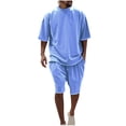 thumbnail image 1 of Mikilon Tenues Tendance pour Hommes Ensemble 2 Pcs Manches Courtes Col Rond Blouse/chemise Mode Décontractée Couleur Unie Manches Courtes Col Rond Blouses Chemises Ensembles Bleu Ciel TG, 1 of 7