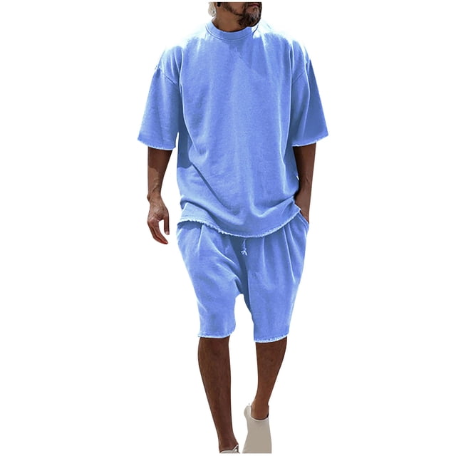 Mikilon Tenues Tendance pour Hommes Ensemble 2 Pcs Manches Courtes Col Rond Blouse/chemise Mode Décontractée Couleur Unie Manches Courtes Col Rond Blouses Chemises Ensembles Bleu Ciel TG