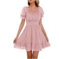 thumbnail image 1 of EQWLJWE Robe pour Femmes Été Décontractée à Volants Unie Col Carré Manches Courtes Bouffantes Plissée Mini Tunique, 1 of 4
