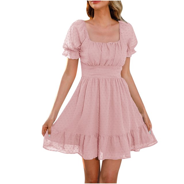 EQWLJWE Robe pour Femmes Été Décontractée à Volants Unie Col Carré Manches Courtes Bouffantes Plissée Mini Tunique