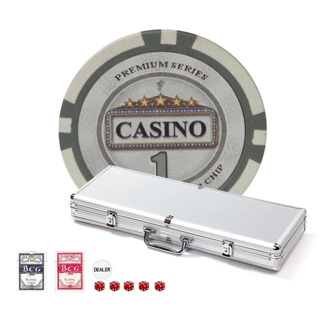 Texas Hold'em poker chips set 500pcs 11.5gr CASINO SERIES- Cash Game includes a silver aluminum carrying case, two BCG playing card decks in blue and red, five red dice, a white dealer button, and a close-up of a grey 1-value casino chip from the premium series, suitable for cash games and home poker nights.