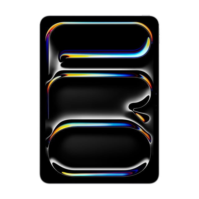 11-inch iPad Pro Wi-Fi 256GB Standard Glass - Silver (M5) showing a front view with the Ultra Retina XDR display active, featuring vibrant abstract liquid shapes in blue, orange, and yellow on a black background, emphasizing the tablet’s slim design and rounded corners, ideal for professional and creative workflows.