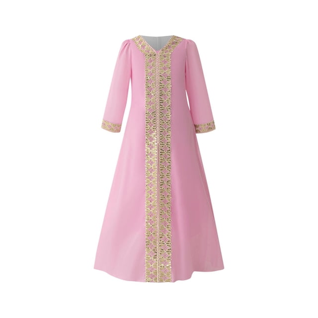 Robe Musulmane pour Filles, Robe de Soirée à Manches Longues avec Broderie Exquise pour Filles, Robe de Soirée Élégante et de Performance, Design Col en V pour 4-8 Ans