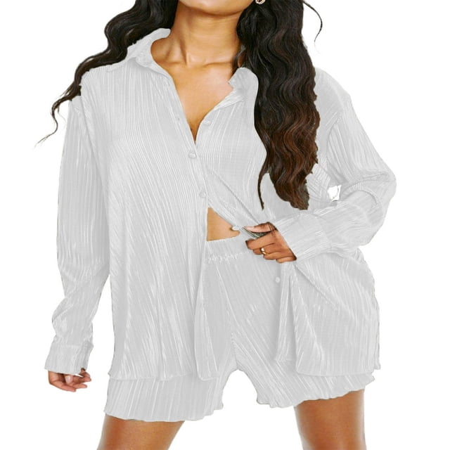Women Casual 2 Pcs Clothes Set Solid Color Ruched Long Sleeve Button Down Shirts with Shorts Suit