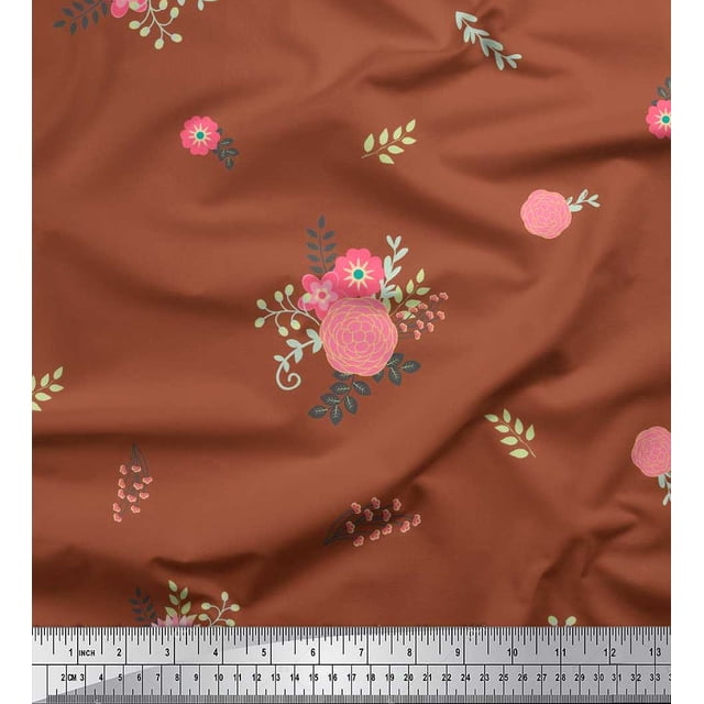 Soimoi Tissu en Poly Georgette Orange Imprimé Feuilles & Fleurs Roses Tissu au Mètre 52 Pouces de Large