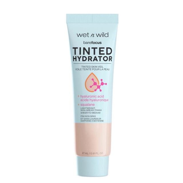 BARE FOCUS TINTED HYDRATOR - FAIR by wet n wild, a 27 ml tinted moisturizer tube with hyaluronic acid and squalane, offering sheer-to-medium coverage and a semi-matte finish for hydrated, radiant skin in a lightweight formula.