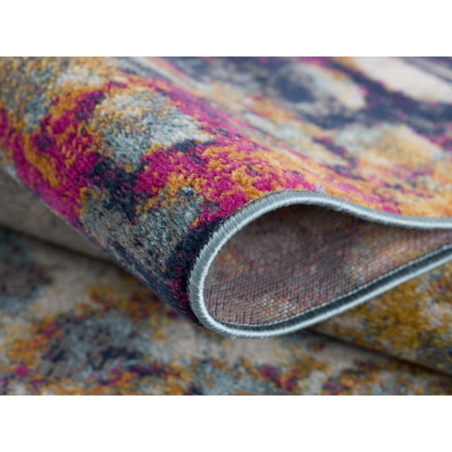 Rug Branch Ziya 2' x 10' (2'3" x 10') Yellow/Blue Abstract Distressed Indoor Runner Rug, Contemporary, Medium Pile, Stain-Resistant Hallway Carpet - Entryway, Mudroom, Bedroom, and Kitchen
