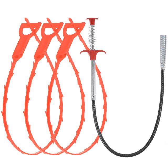Unique Bargains Outil de Débouchage de Drain 0.6m en Acier Inoxydable & 3 Pcs PP Rouge