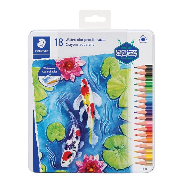 Staedtler Ensemble de Crayons d'Aquarelle Triangulaires avec 18 Crayons d'Aquarelle dans une Boîte Métallique de Rangement avec des Oeuvres de Carpe koi et de Nénuphar sur le Couvercle, les Crayons Ont un Baril Triangulaire pour une Prise Ergonomique et des Couleurs Vibrantes et Modulables, Idéal pour les techniques d'Art à Sec et à l'Eau.