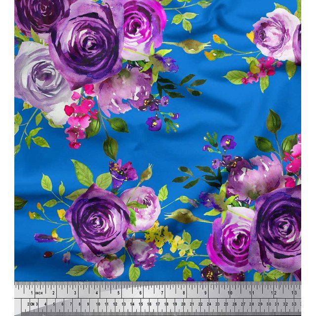 Soimoi Tissu Poly Georgette Feuilles et Imprimé de Fleurs de Roses, Tissu au Mètre, 42 Pouces de Large