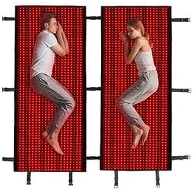 Large Size (63 * 27in) Whole Body Pain Relief Red Light Therapy Mat Device featuring a dual-mat system with 2520 red and near-infrared lights. The image shows two individuals lying on separate mats, demonstrating its spacious design for shared or solo use. Ideal for home use, it promotes pain relief, improved blood circulation, and weight loss through infrared light therapy.