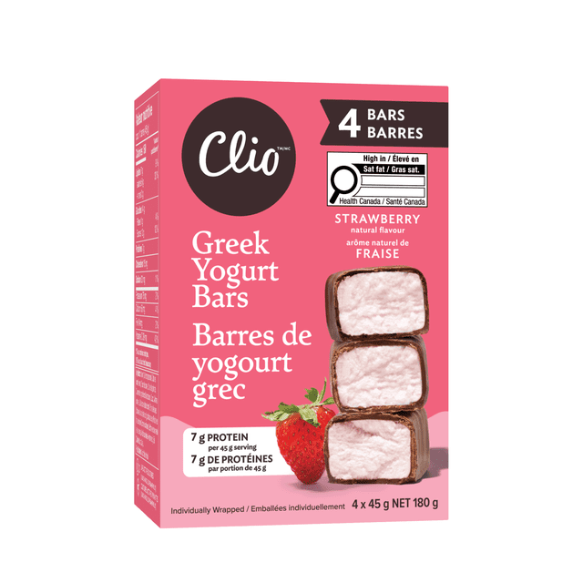 Barres Clio au yogourt grec à la fraise en enrobage chocolaté, 45 g, 4 ct