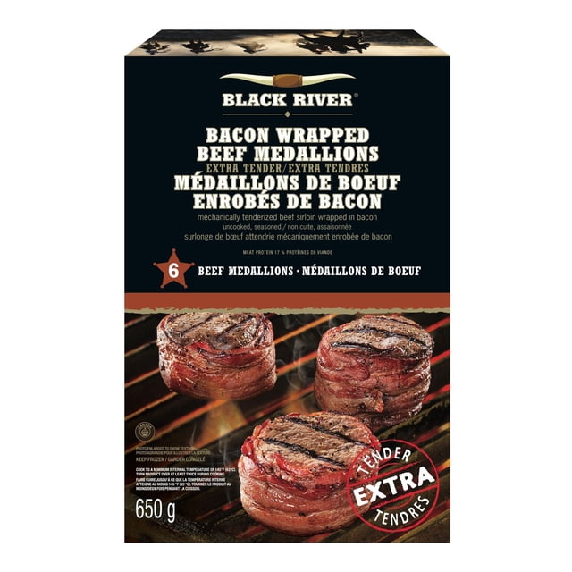 Black River Bacon Wrapped Beef Medallions package showing three extra tender beef sirloin medallions wrapped in bacon with grill marks and steam on a barbecue grill, 650 g frozen meat product with bilingual English-French text and cooking instructions.