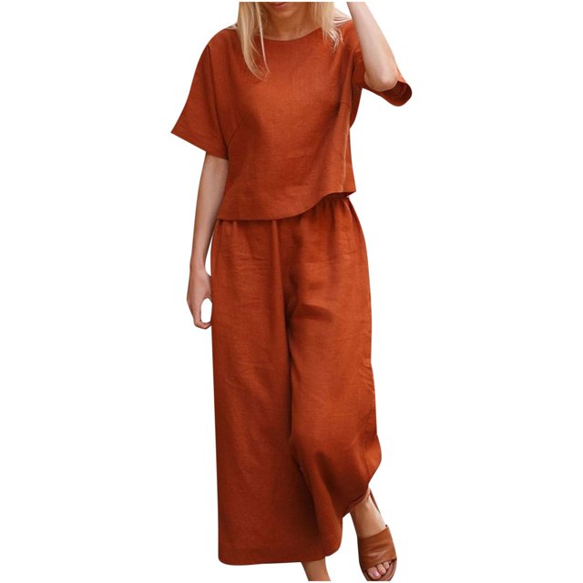 Ensemble de Pantalons pour Femmes, Col Rond, Manches Courtes, Hauts de Couleur Unie, Pantalons à Jambes Larges, Ensemble Décontracté d'Été pour Dames