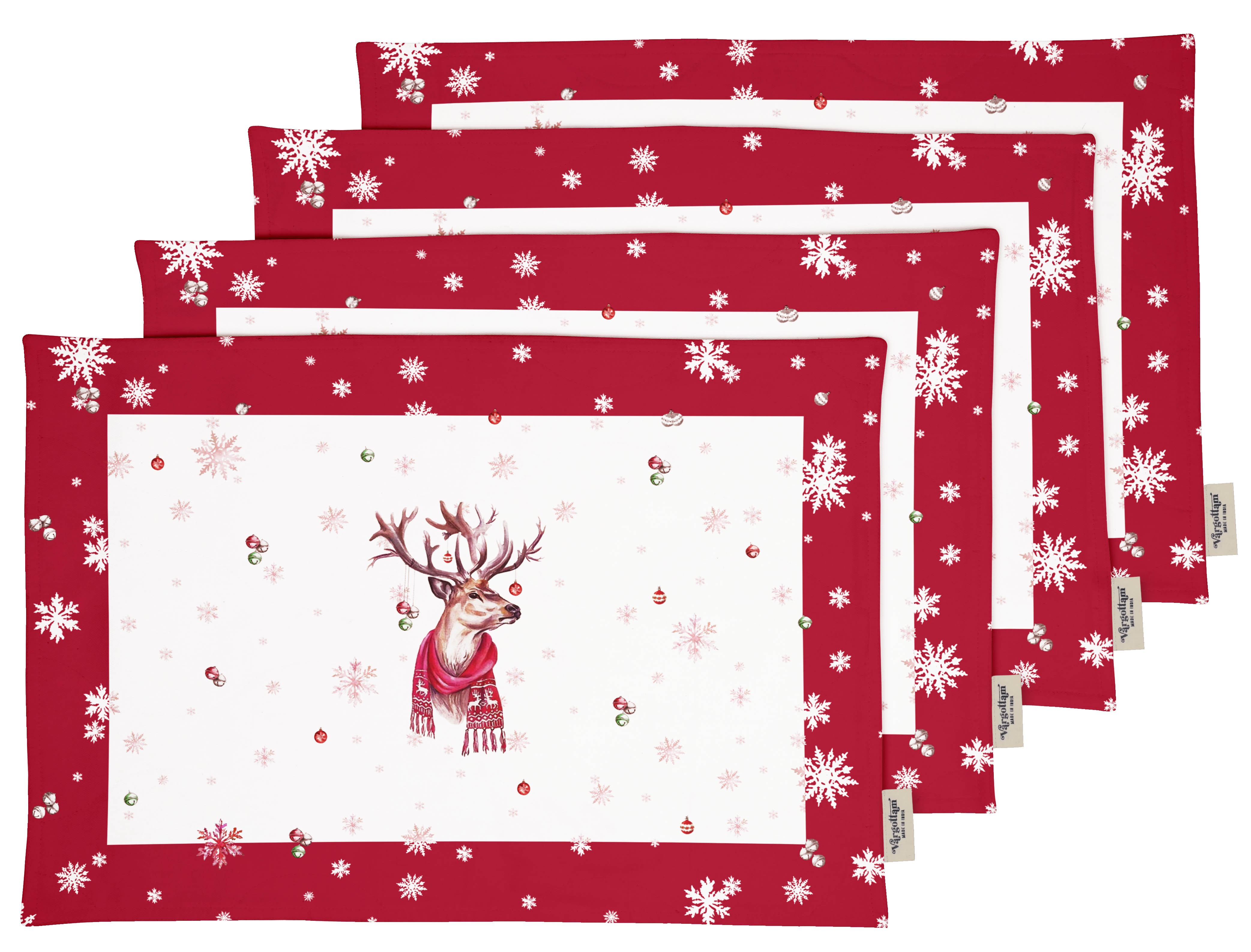 Vargottam Napperons - Napperon pour Table à Manger, Ensemble de 4 - Serviette en Coton Imprimée et Réversible - Napperons d'Intérieur pour Table de Salle à Manger à la Maison et en Cuisine - Winter Christmas Deer (Rouge et Blanc)
