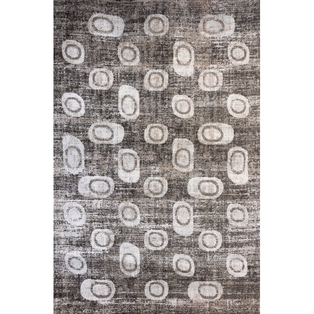 Modern abstract indoor area rug in grey and beige with scattered irregular oval patterns, suitable for living room, bedroom, dining room, or kitchen.