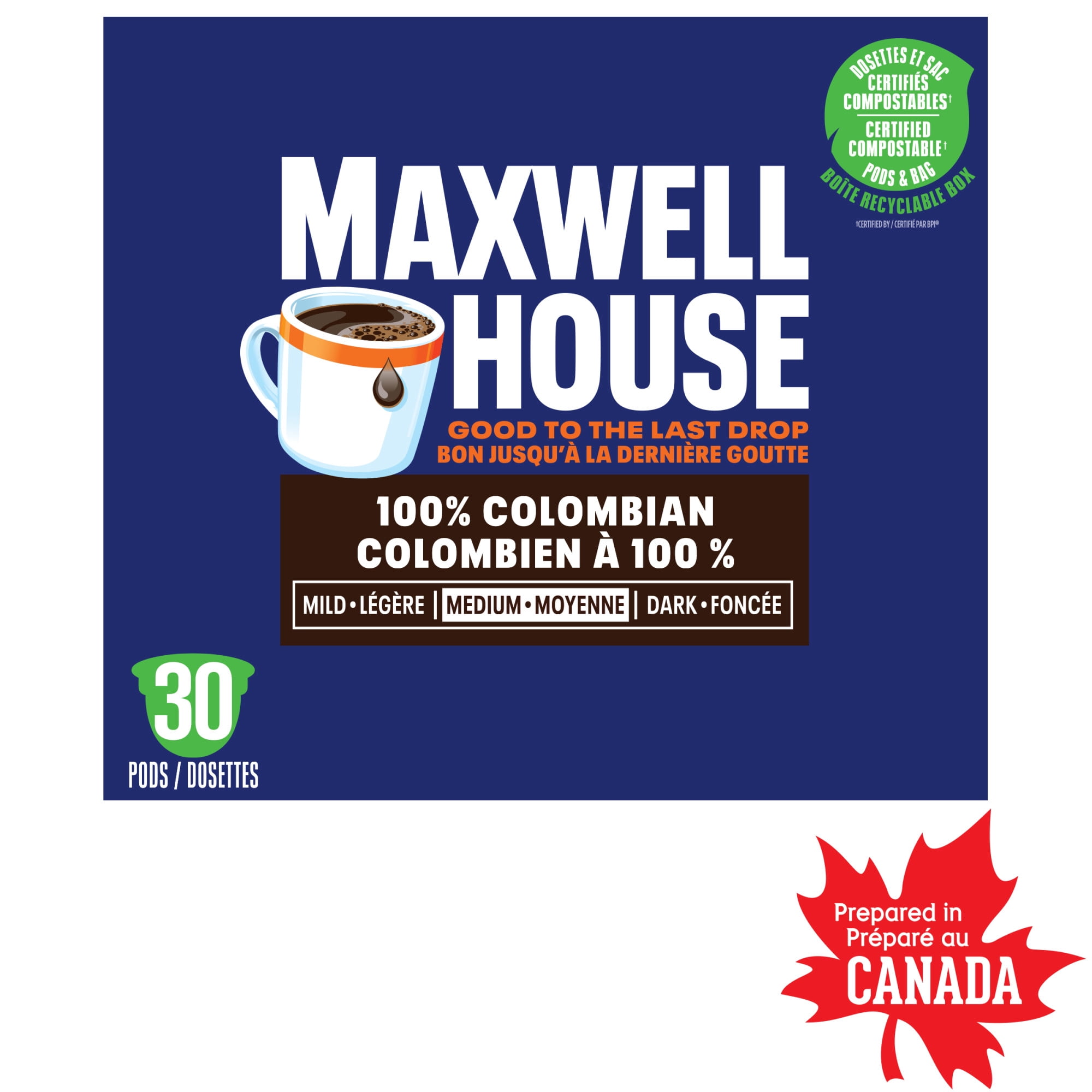 Maxwell House Colombian Coffee 100% Compostable K Cup Coffee Pods, 30 Pods, Medium