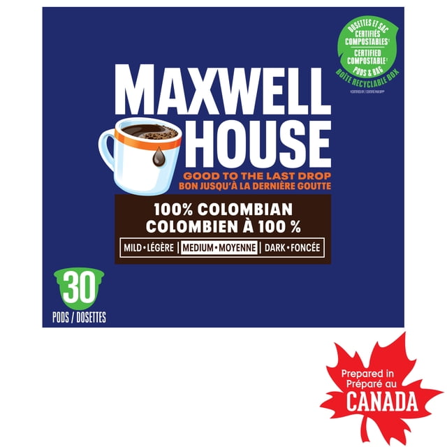 Maxwell House Colombian Coffee 100% Compostable K Cup Coffee Pods box with blue background, featuring a white coffee cup with a coffee drop, medium roast label, 30 pods count, certified compostable pods and bag, and prepared in Canada red maple leaf symbol.