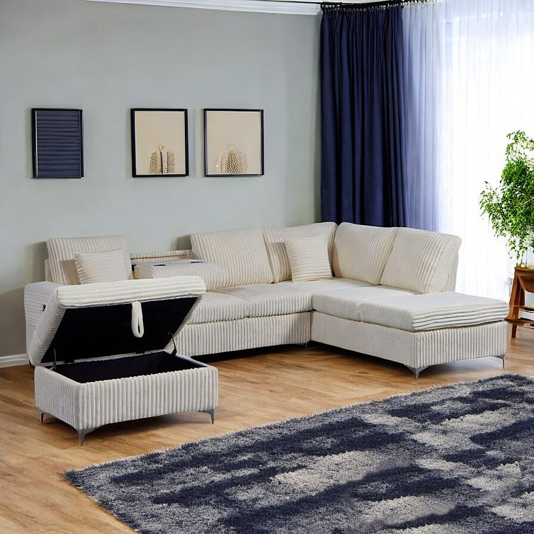 Cosmic Homes Scott Reversible Sectional Sofa Set with Storage Chaise, Drop-Down Tray & Ottoman – Beige