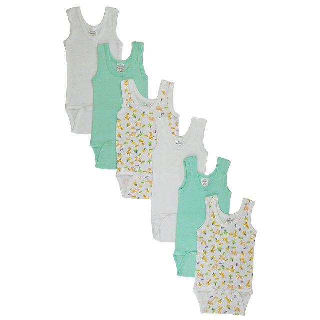 Bambini Débardeur Imprimé pour Garçons, Lot de 6, Comprenant des Cache-Couches Sans Manches pour Bébé en Tricot Côtelé 100 % Coton. Comprend une Variété d'Imprimés et de Couleurs Unies, comme le Blanc et le Vert Menthe, avec des Décolleté d'Épaule Extensibles et des Boutons-Pression au Bas pour s'Habiller et Se Changer Facilement. Idéal pour le Printemps et l'Été.