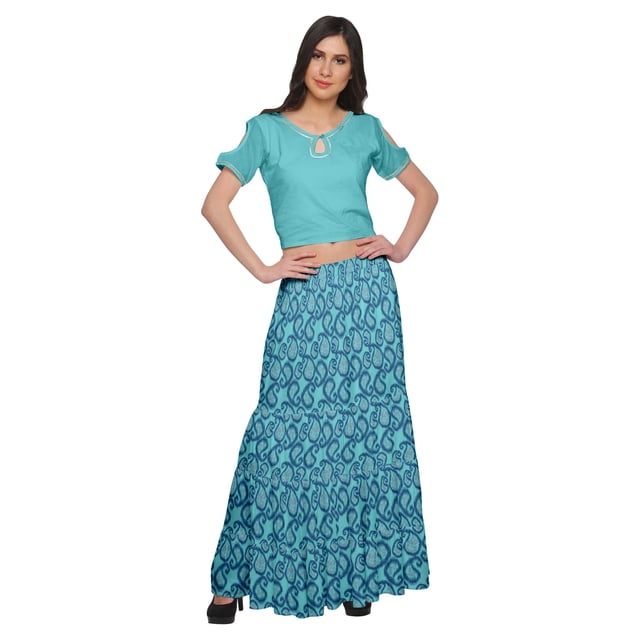 Moomaya Printed Rayon Cold Shoulder Crop Top And Skirt Ethnic Set For Women