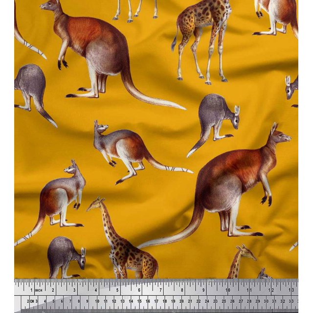 Soimoi Gold Poly Georgette Fabric Kangaroo & Giraffe Animal Print Fabric by Yard 52 Inch Wide