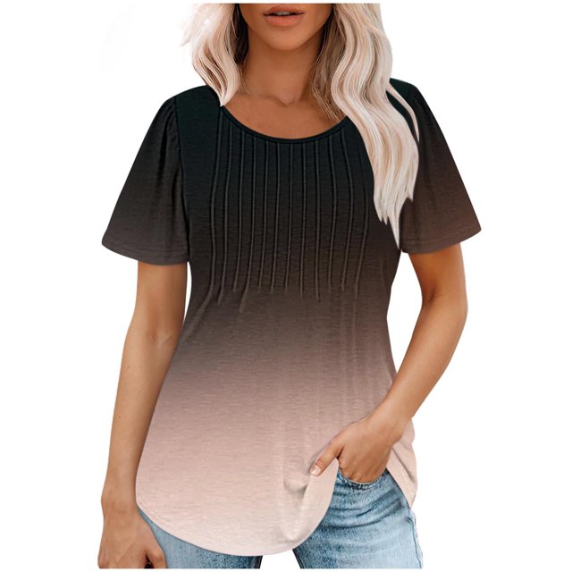 Plebaso Hauts pour Femmes Été Manches Courtes Col Rond Tunique Chic Ample Mode Blouses à Dégradé de Couleurs