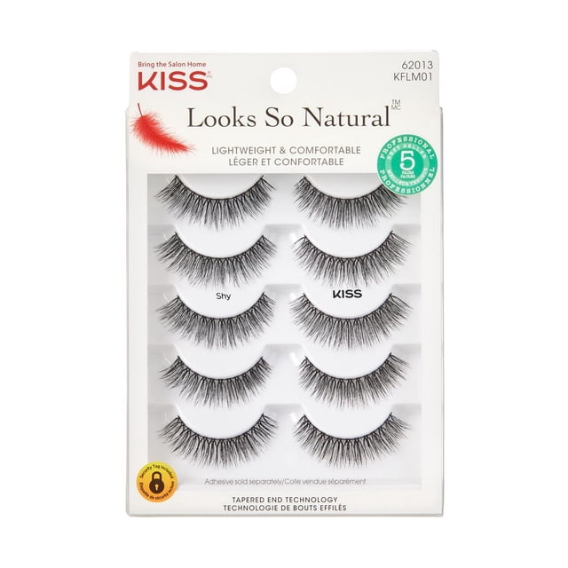 Kiss - Looks So Natural - Multipack Shy - 5 Paires de Faux Cils Légers et Doux avec Technologie d'Extrémité Fuselée pour un Estompage Naturel, Arrangés en Cinq Paires sur Emballage Blanc avec Texte Bilingue Anglais et Français, Idéal pour Rehausser le Maquillage des Yeux avec un Style Subtil et Naturel.