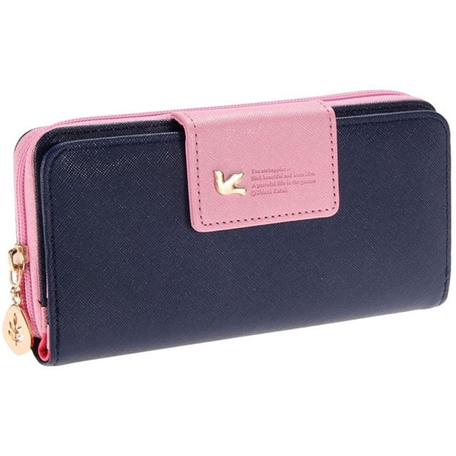 2PCS Multi-Card Position Two Fold Long Zippered Wallet Women'S Long Zippered Wallet Handbag in dark blue with pink accents. Designed as a women's accessory, it features 11 card compartments, 2 window compartments, 2 bill compartments, and a zippered change compartment. Compact design with dimensions of 19 cm x 9.5 cm x 3 cm, ideal for holding bills, credit cards, IDs, and more.