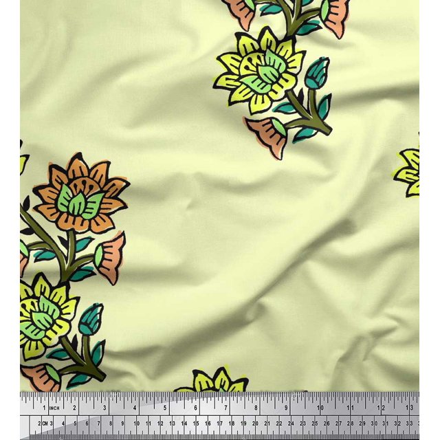 Soimoi Moss Georgette Fabric Leaves & Floral Block Print Sewing Fabric Yard 42 Inch Wide