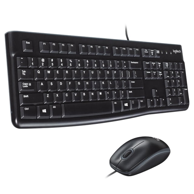 Logitech MK120 Desktop Keyboard and Mouse wired combo with a full-size black keyboard featuring low-profile, quiet keys, standard layout including function keys and number pad, and a black wired optical mouse with smooth cursor control, both plug-and-play via USB ports.