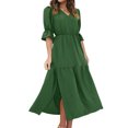 thumbnail image 1 of Robe Maxi d'Été Mode Femme Manches Mi-Longues Col en V Ample Robe Unie à la Cheville Robe Longue Fendue Robe à Manches Courtes en Liquidation, 1 of 7