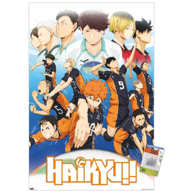 Haikyu!! - Affiche Murale Key Art 2, 22,375 Po x 34 Po Encadrée Présentant des Joueurs de volleyball d'Anime en Uniformes Noirs et orange dans des poses d'Action Dynamiques sur Fond Bleu avec le logo Haikyu!! en orange et Blanc Audacieux, Convient à la Décoration Murale de Chambre Ou de Dortoir.
