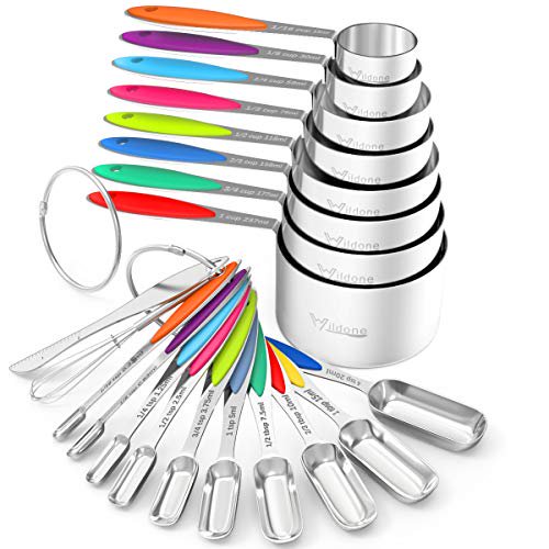 Measuring Cups and Spoons - Wildone Stainless Steel 20 Piece Stackable Set, Includes 8 Measuring Cups, 10 Measuring Spoons, 1 Leveler & 1 Whisk, for Dry and Liquid Ingredient