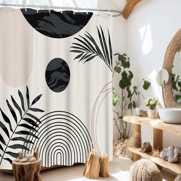 Bohemian Black Leaves Shower Curtain - 72x72in Mid Century Modern Abstract Minimalist Fabric Bath Curtain Unique Decor with Hooks Stylish Bathroom Accent