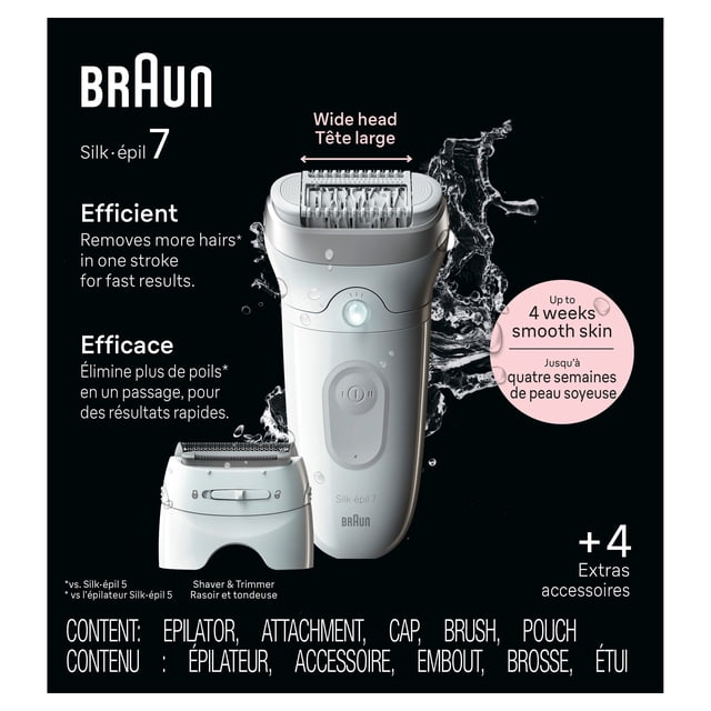 Braun Silk-épil 7 Epilator with wide head and shaver & trimmer attachment, shown with water splash highlighting wet and dry use, featuring efficient hair removal with MicroGrip technology for up to 4 weeks of smooth skin, includes epilator, cap, brush, pouch, and four extra accessories.