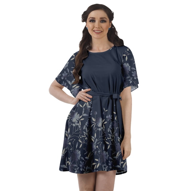 Moomaya Printed Moss Georgette Dresses Women A-Line Tunic With Drawstring Belt