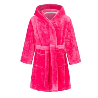 LLYWEY Kids Hooded Bath Robe for Girls Soft Fuzzy Fleece Bathrobe Tie Waist Unisex Wrap V-Neck Long Sleeve Belted Bathrobes Sleepwear Toddler Flannel Robes Pinky 9T